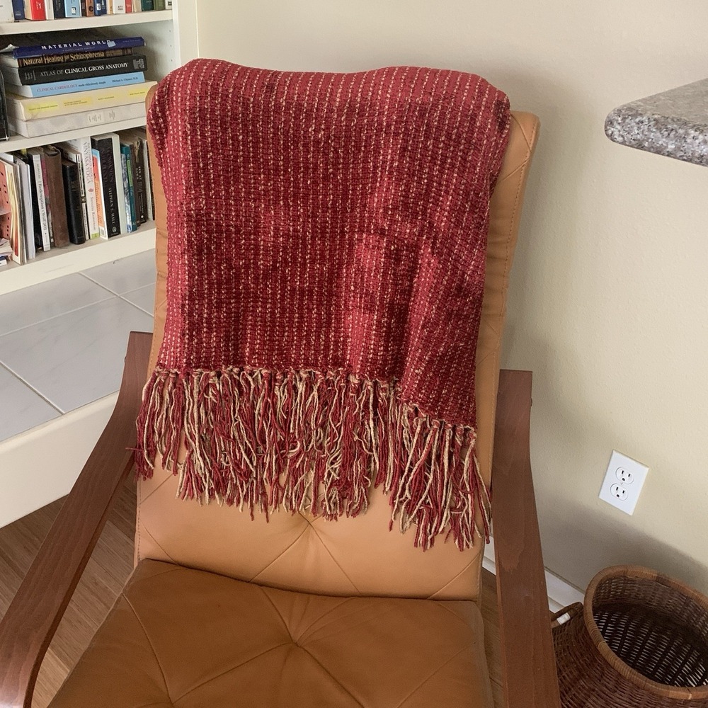 Restoration Hardware Chenille Fringe Throw Blanket Heavy Red Tan Stripe Holiday